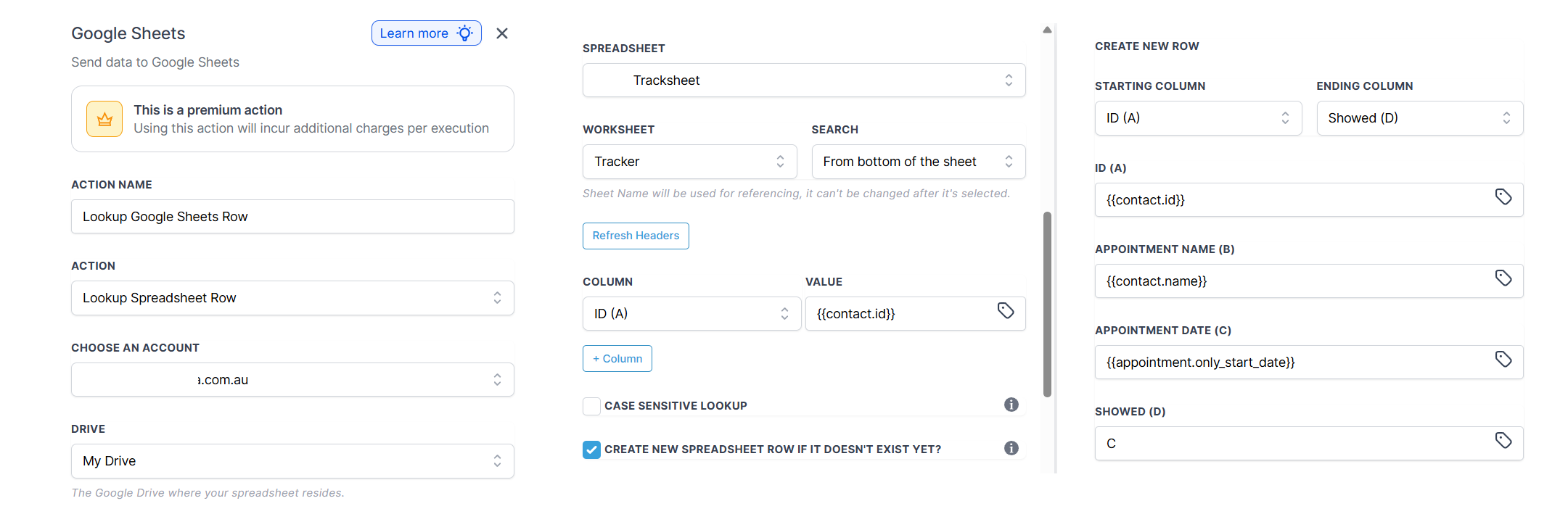 Google Sheets lookup row action in GoHighLevel using contact ID as the matching value